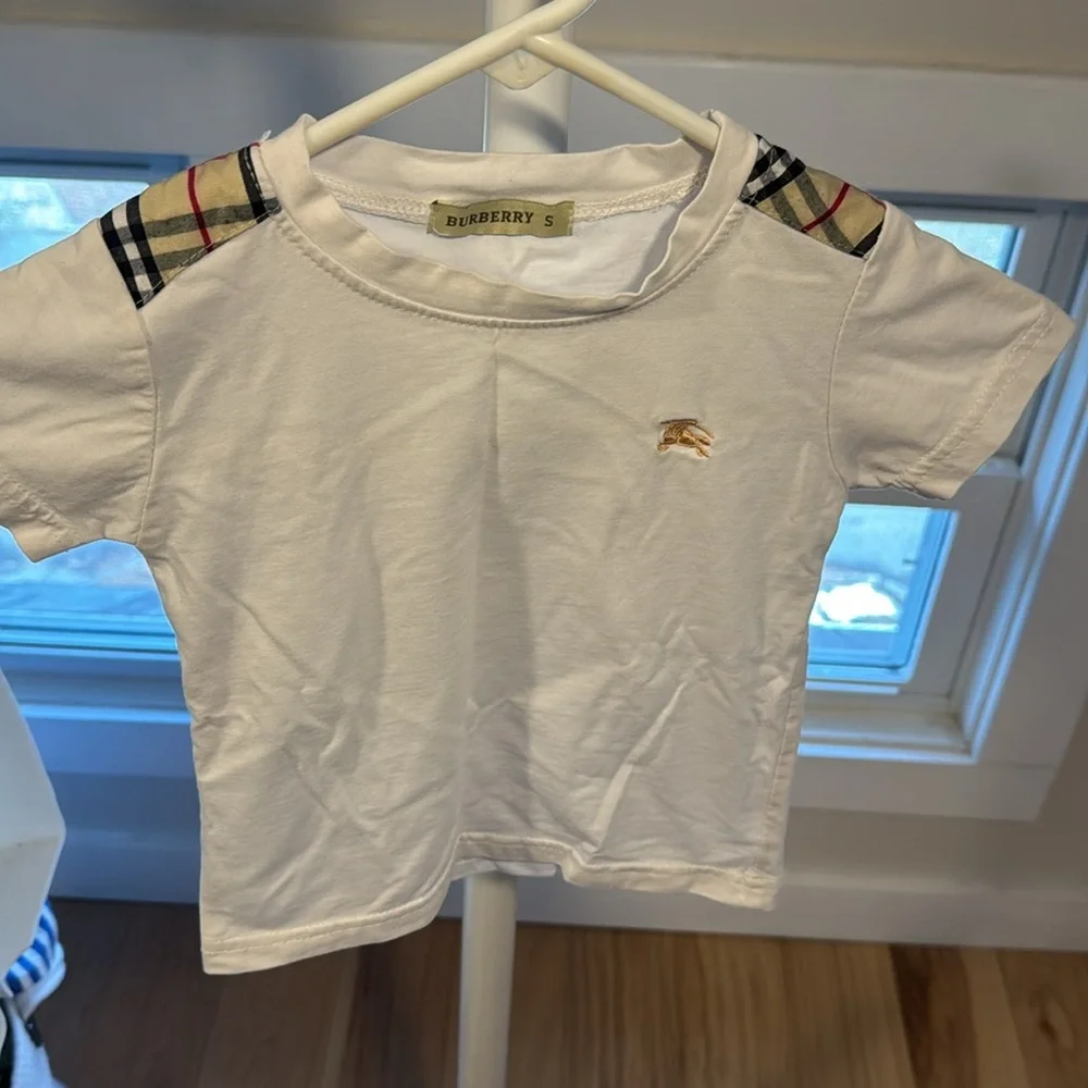 Burberry Kids White T-Shirt with Plaid Accents, Size Small (1-2yo)